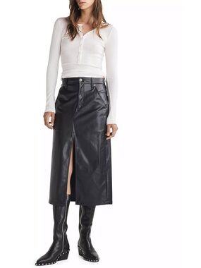 rag & bone Black Faux Leather Midi Skirt with Front Slit